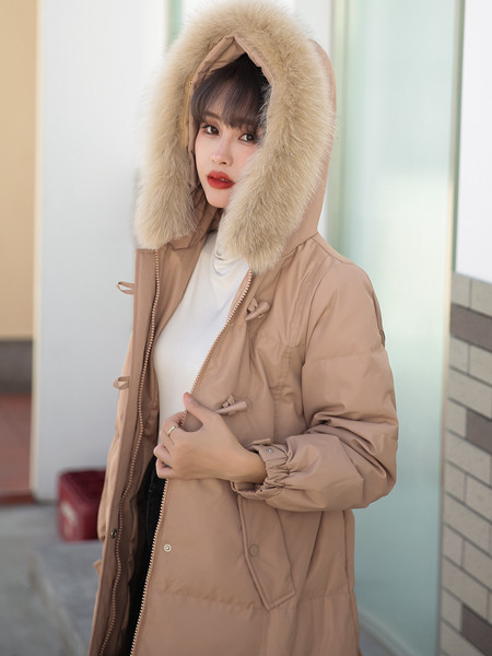 艾诺绮女装品牌2021冬季毛领加厚羽绒服外套