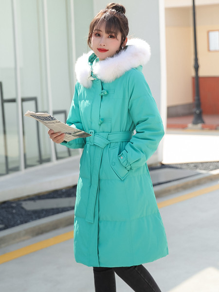 艾诺绮女装品牌2021冬季绿色长款保暖羽绒服