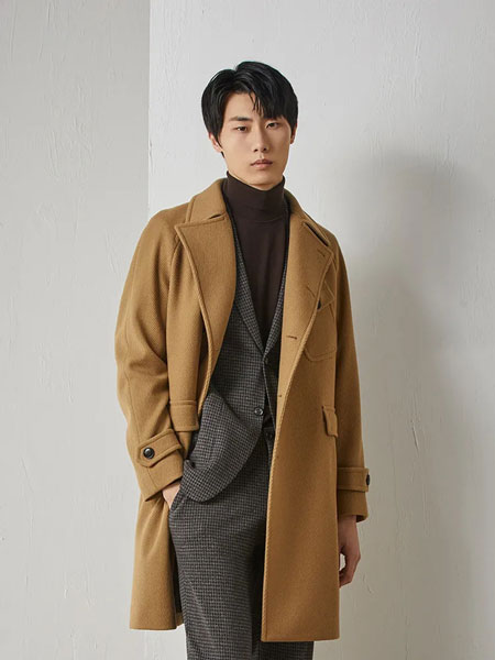 堡尼BONI男装品牌2021冬季卡其色中长款韩版大衣