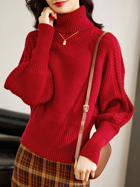 尚都比拉女装品牌2021冬季高领红色保暖毛衣