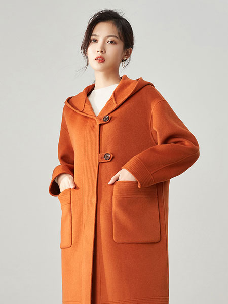 尚都比拉女装品牌2021冬季橘色显白连帽大衣