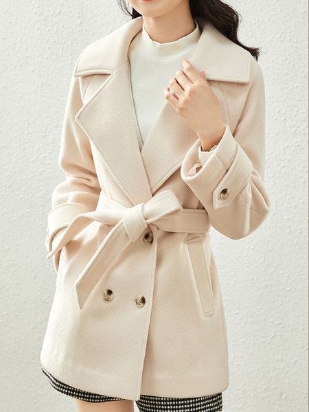 尚都比拉女装品牌2021冬季米白色中长款大衣