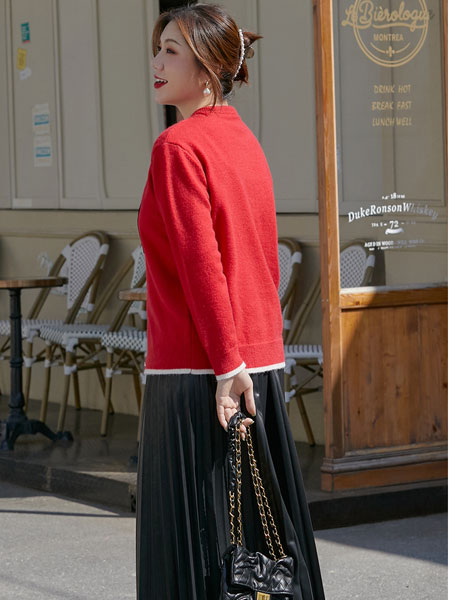 纤莉秀女装品牌2021冬季红色显白针织毛衣