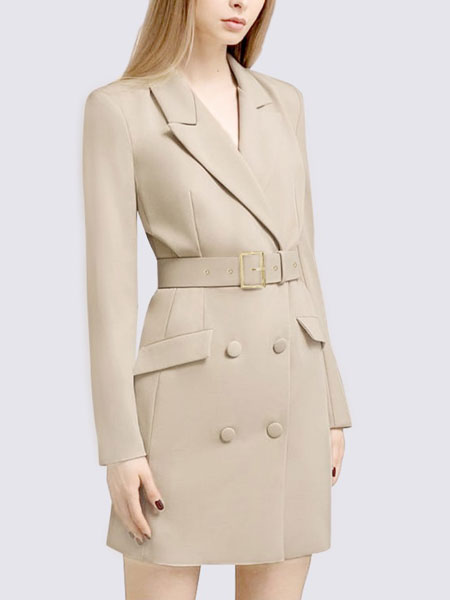 玛依尔女装品牌2021冬季系腰带通勤西服连衣裙