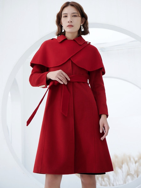 ILLRRA妍啦女装品牌2021冬季红色系腰带长款大衣