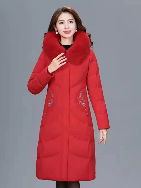 靓漫蒂女装品牌2021冬季红色毛领羽绒服