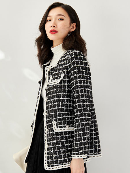 欧莎女装品牌2021冬季格纹气质小香风外套