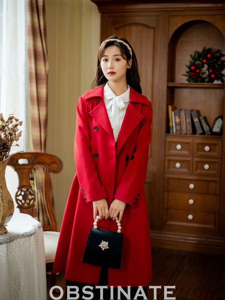 固执女装品牌2021冬季红色显白长款呢子大衣