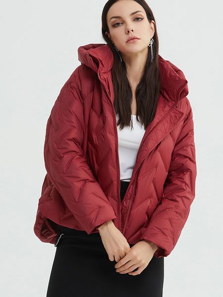 米尚女裝品牌2021冬季連帽紅色短款羽絨服