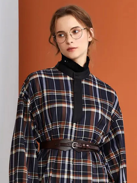 Rhema女装品牌2021冬季格子系腰带外套