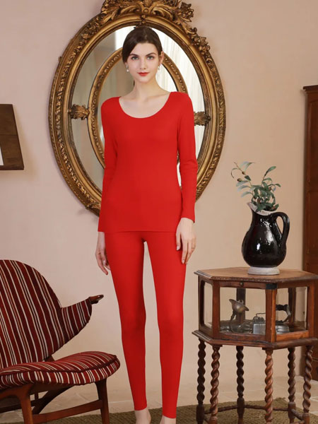 博尼内衣品牌2021冬季圆领红色保暖秋衣套装