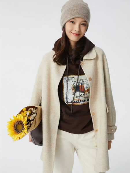 那禾NAHE女装品牌2021冬季米灰色长款羊毛呢子外套