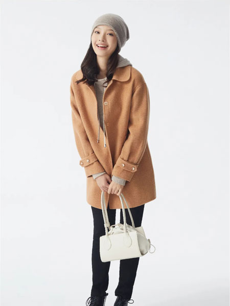 那禾NAHE女装品牌2021冬季卡其色韩版呢子外套
