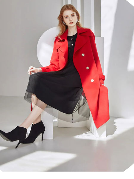 十八淑女坊女装品牌2021冬季红色经典长款呢子大衣