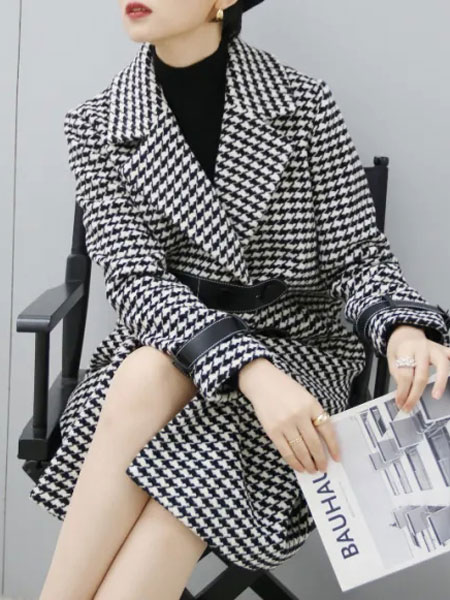 雷迪尔恒女装品牌2021冬季千鸟格中长款大衣