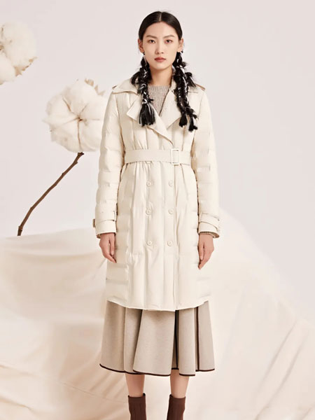 彤琎女装品牌2021冬季系腰带米白色保暖羽绒服