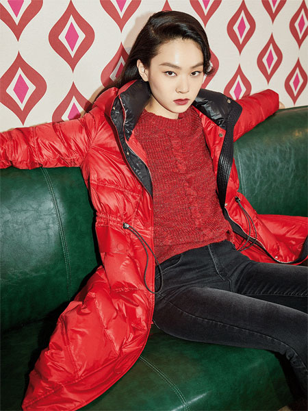 YSGJ女装品牌2021冬季红色抽绳长款羽绒服