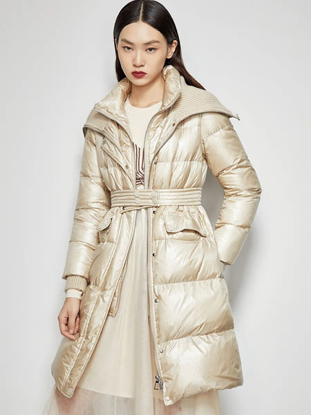 YSGJ女装品牌2021冬季米白色中长款羽绒服