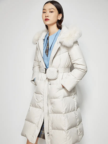 YSGJ女装品牌2021冬季纯白色毛领系腰带保暖羽绒服