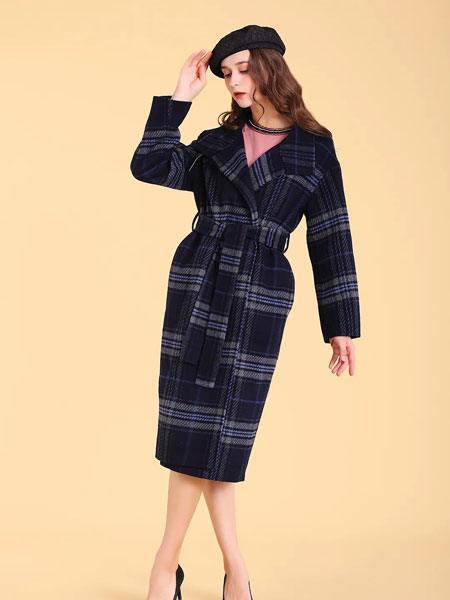 莉佳丽女装品牌2021冬季系腰带格纹时尚大衣