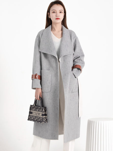 布芮祺女装品牌冬季翻领灰色长款呢子大衣