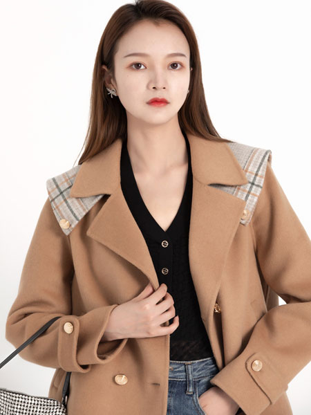 布芮祺女装品牌2021冬季拼接格纹韩系呢子外套