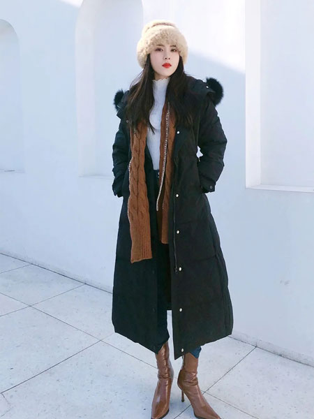 韩蔻KORIKOO女装品牌2021长款收腰毛领羽绒服