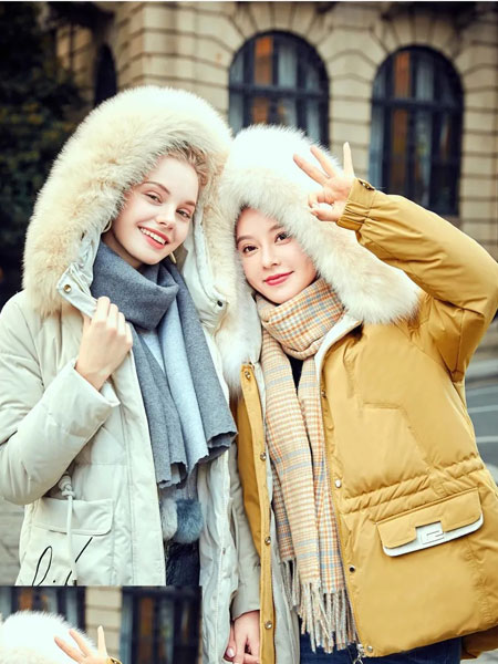 YBAI亦白女装品牌2021秋冬大毛领加绒加厚羽绒服