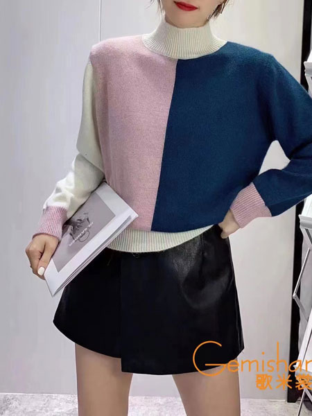 歌米裳女装品牌2021冬季立领拼接时髦毛衣