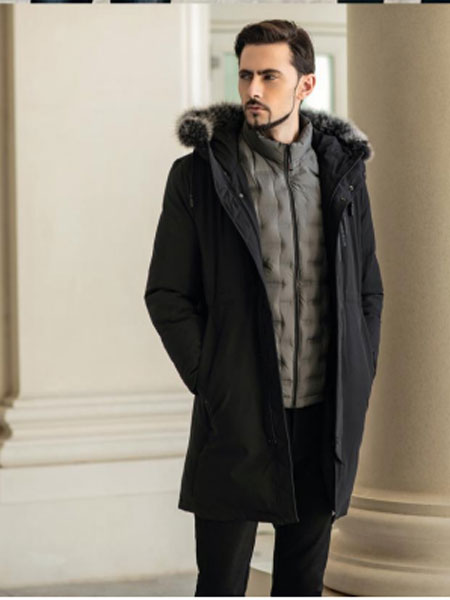 普雷丹顿男装品牌2021冬季毛领中长款保暖羽绒服