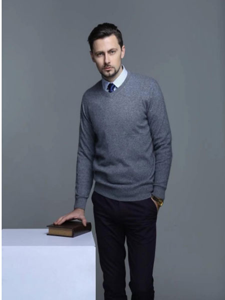 普雷丹顿男装品牌2021冬季灰色时尚套头毛衣