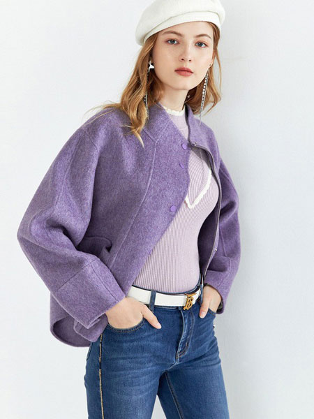 都苑女装品牌2021冬季z紫色短款呢子外套
