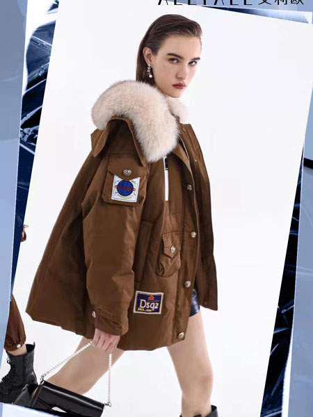 艾利欧女装品牌2021冬季毛领中长款保暖棉衣