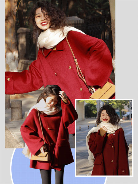 ONEMORE女装品牌2021冬季红色气质宽松呢子外套
