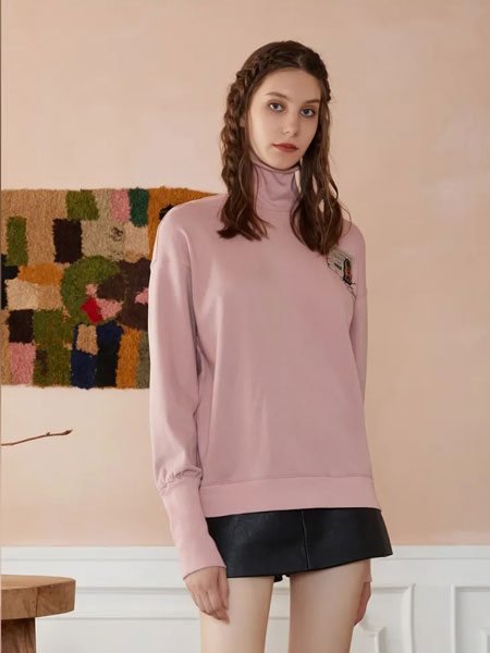 OCKKJ女装品牌2021冬季高领粉色套头毛衣
