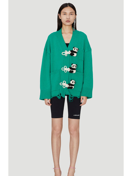 乌丫女装品牌2021冬季绿色熊猫柔软针织开衫