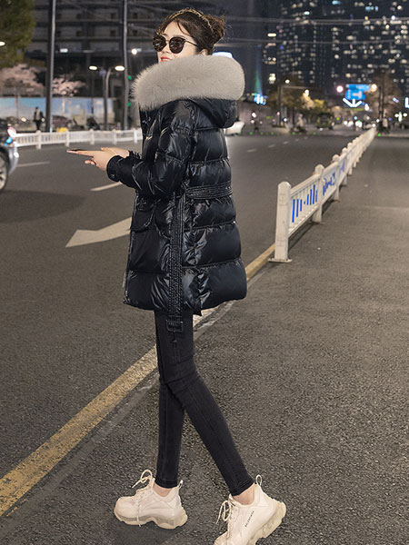 丝柏舍女装品牌2021冬季大毛领中长款保暖羽绒服