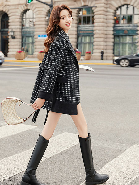 丝柏舍女装品牌2021冬季格纹气质韩版大衣