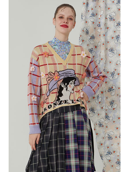 BRONZE LUCIA女装品牌2021冬季条纹拼接时尚毛衣