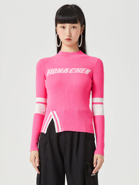 斐娜晨女装品牌2021冬季半高领粉色气质毛衣