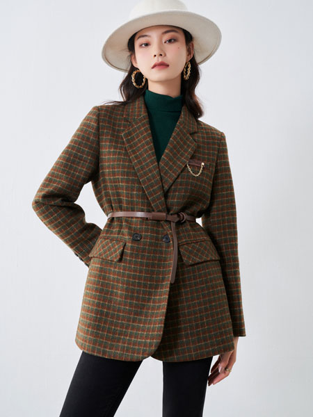 爱客女装品牌2021冬季格纹韩版系腰带西服外套