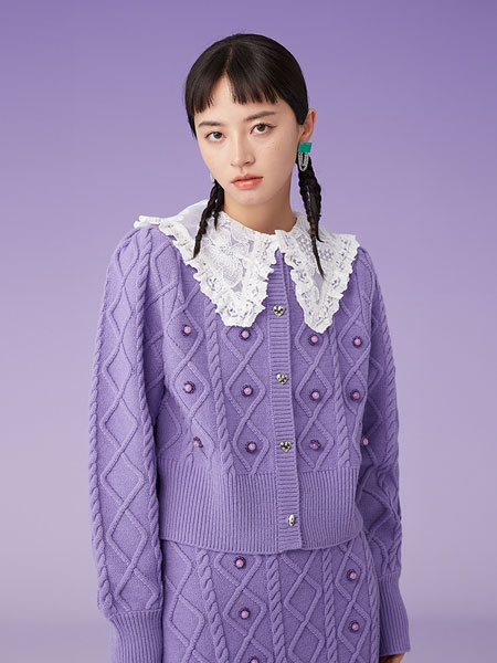 密扇女装品牌2021冬季紫色蕾丝气质套装