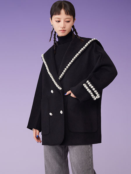 密扇女装品牌2021冬季珍珠宽松保暖呢子外套