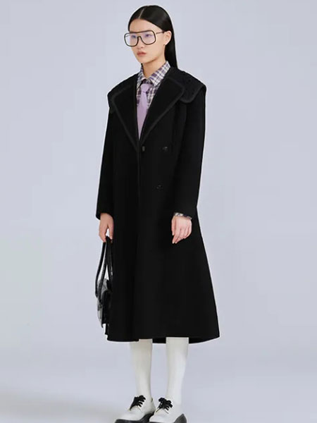 佐色女装品牌2021冬季长款黑色呢子大衣