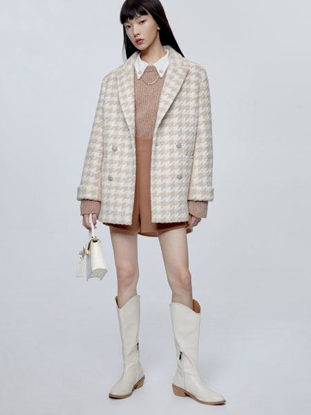 DoubleLove女装品牌2021冬季格纹气质呢子外套