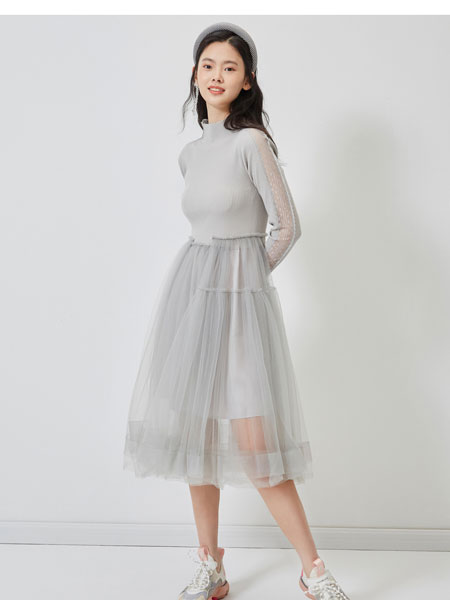 DoubleLove女装品牌2021冬季拼接高领蕾丝连衣裙