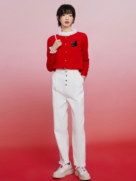 DoubleLove女装品牌2022春季刺绣红色喜庆针织开衫