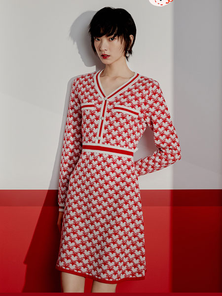 DoubleLove女装品牌2022春季红色千鸟格中长款连衣裙
