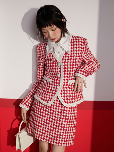 DoubleLove女装品牌2022春季红色千鸟格气质套装