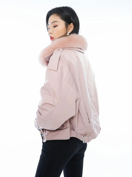 歌锦女装品牌2021冬季粉色毛领甜美外套